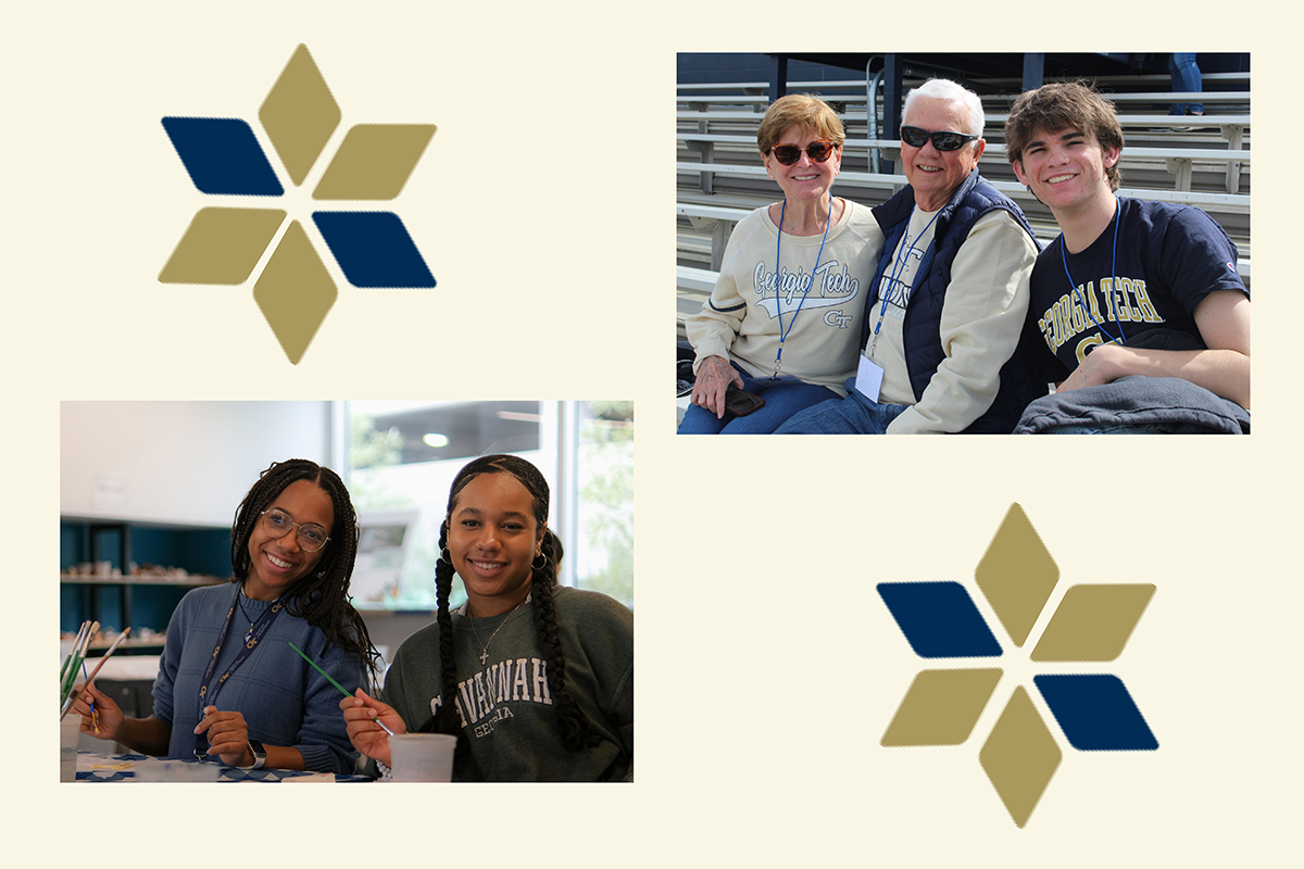 against a cream colored background with abstract flowers are two photos, one of a college student with their sibling and one with their grandparents